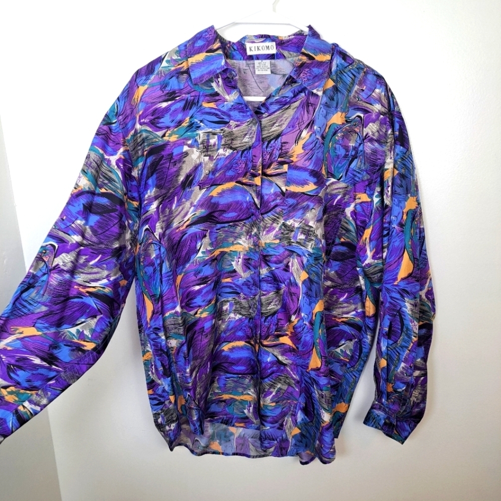 Kikomo Blue Purple Artsy Button‎ Up 100% Silk Eclectic Watercolor Shirt Size M
